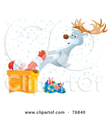 Royalty-Free (RF) Clipart Illustration of an Aibrushed Reindeer Pulling A Stuck Santa Out Of A Chimney In The Snow by Alex Bannykh