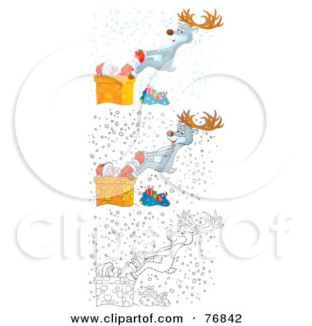 Royalty-Free (RF) Clipart Illustration of a Digital Collage Of A Reindeer Pulling A Stuck Santa Out Of A Chimney In The Snow; Airbrushed, Cartoon And Outline by Alex Bannykh