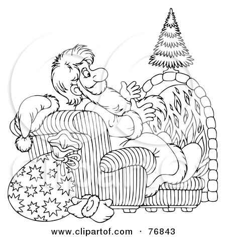 Royalty-Free (RF) Clipart Illustration of an Outlined Saint Nicholas Sitting In A Chair In Front Of A Fireplace by Alex Bannykh