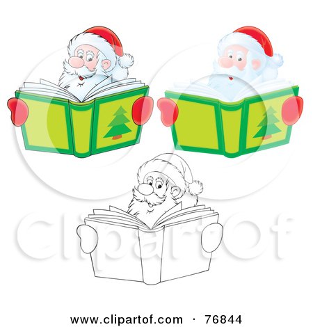Royalty-Free (RF) Clipart Illustration of a Digital Collage Of Santa Smiling Over A Christmas Story Book; Airbrushed, Cartoon And Outline by Alex Bannykh