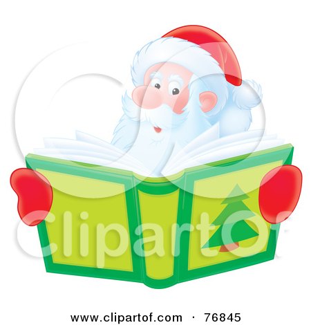 Royalty-Free (RF) Clipart Illustration of an Airbrushed Santa Smiling Over A Christmas Story Book by Alex Bannykh