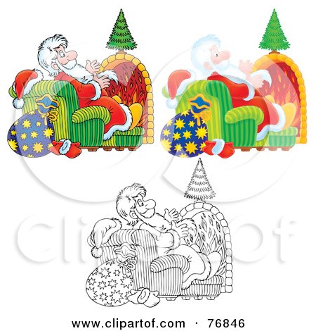 Royalty-Free (RF) Clipart Illustration of a Digital Collage Of Saint Nicholas Sitting In A Chair In Front Of A Fireplace; Airbrushed, Cartoon, Outline by Alex Bannykh