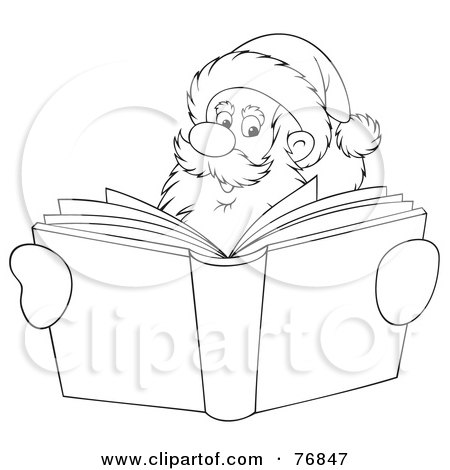 Royalty-Free (RF) Clipart Illustration of an Outlined Santa Smiling Over A Christmas Story Book by Alex Bannykh
