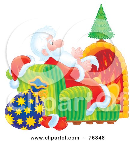 Royalty-Free (RF) Clipart Illustration of an Airbrushed Saint Nicholas Sitting In A Chair In Front Of A Fireplace by Alex Bannykh