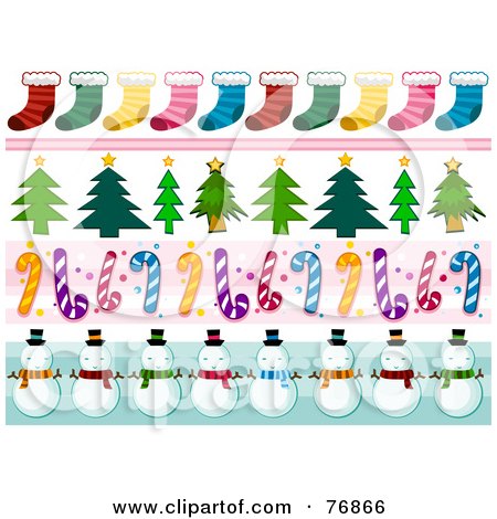 Royalty-Free (RF) Clipart Illustration of a Digital Collage Of Stocking, Christmas Tree, Candy Cane And Snowmen Borders by BNP Design Studio