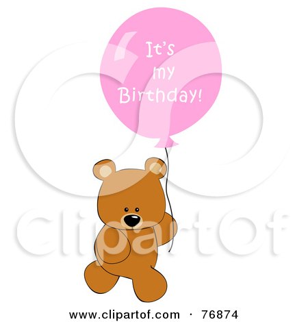 Royalty-Free (RF) Clipart Illustration of a Teddy Bear Carrying A Pink Its My Birthday Balloon by peachidesigns