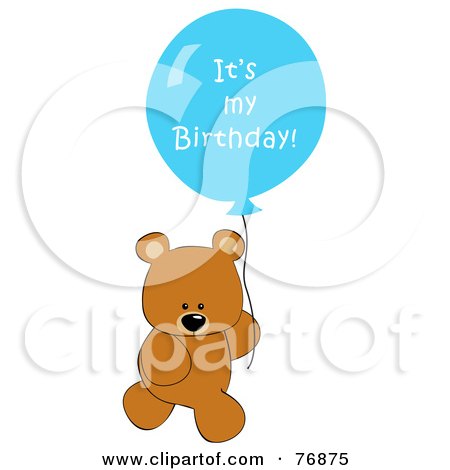 Royalty-Free (RF) Clipart Illustration of a Teddy Bear Carrying A Blue Its My Birthday Balloon by peachidesigns