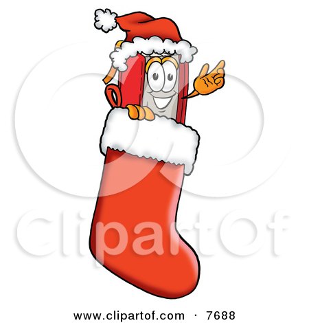 Clipart Picture of a Red Book Mascot Cartoon Character Wearing a Santa Hat Inside a Red Christmas Stocking by Mascot Junction