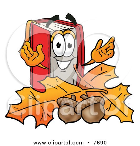 Clipart Picture of a Red Book Mascot Cartoon Character With Autumn Leaves and Acorns in the Fall by Mascot Junction