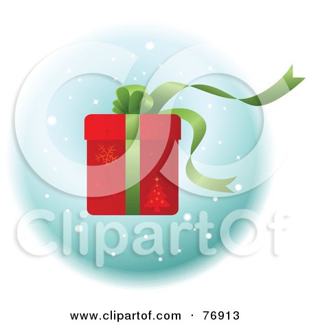 Royalty-Free (RF) Clipart Illustration of a Red Christmas Present With Green Ribbons And A Bow Over Snow by Qiun