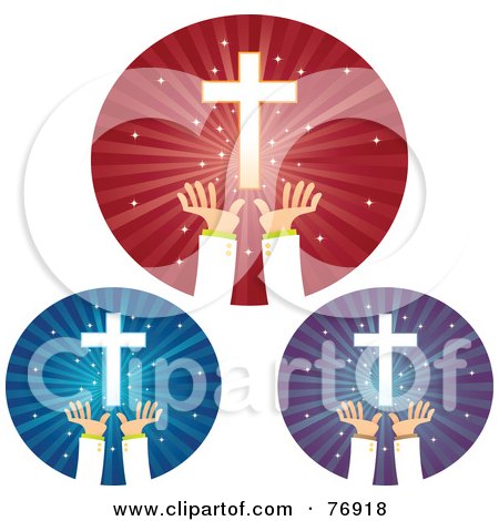 Royalty-Free (RF) Clipart Illustration of a Digital Collage Of Red, Blue And Green Circles Of Hands Reaching For Crosses by Qiun