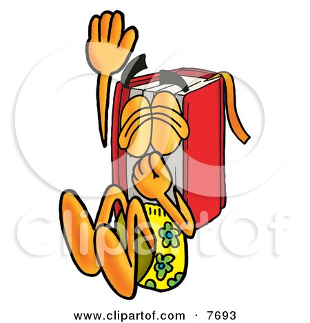 Clipart Picture of a Red Book Mascot Cartoon Character Plugging His Nose While Jumping Into Water by Mascot Junction