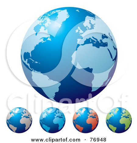 Royalty-Free (RF) Clipart Illustration of a Digital Collage Of Blue Globes With Pink, Blue, Orange And Green Continents by michaeltravers