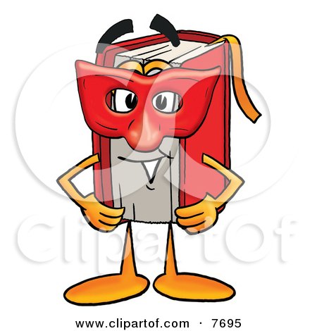 Clipart Picture of a Red Book Mascot Cartoon Character Wearing a Red Mask Over His Face by Mascot Junction