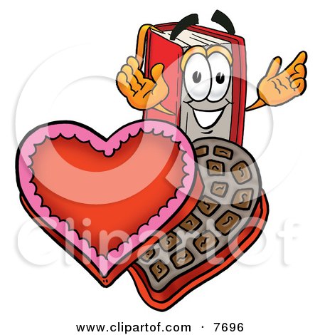 Clipart Picture of a Red Book Mascot Cartoon Character With an Open Box of Valentines Day Chocolate Candies by Mascot Junction