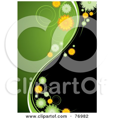 Royalty-Free (RF) Clipart Illustration of Green And Orange Daisy Flowers Dividing A Background Of Black And Green by michaeltravers