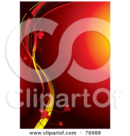 Royalty-Free (RF) Clipart Illustration of a Glowing Red Background With Waves Of Yellow And Red With Flowers by michaeltravers
