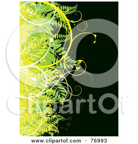 Royalty-Free (RF) Clipart Illustration of a Border Of Grungy Green And Yellow Plants With White Vines Over Black by michaeltravers