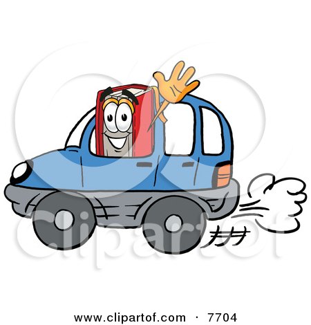 Clipart Picture of a Red Book Mascot Cartoon Character Driving a Blue Car and Waving by Mascot Junction