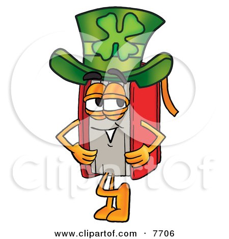Clipart Picture of a Red Book Mascot Cartoon Character Wearing a Saint Patricks Day Hat With a Clover on it by Mascot Junction