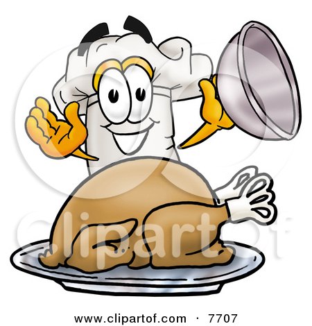 Clipart Picture of a Chefs Hat Mascot Cartoon Character Serving a Thanksgiving Turkey on a Platter by Mascot Junction