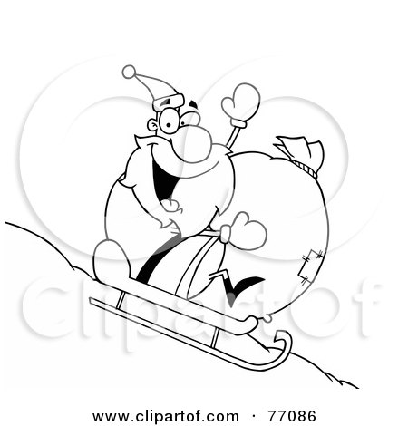 Royalty-Free (RF) Clipart Illustration of a Black And White Coloring Page Outline Of Santa Sledding by Hit Toon