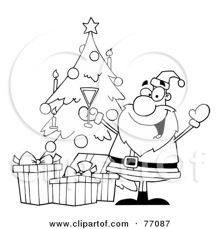 Royalty-Free (RF) Clipart Illustration of a Black And White Coloring Page Outline Of Santa Drinking Champagne By A Christmas Tree by Hit Toon