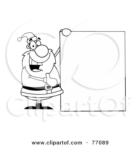 Royalty-Free (RF) Clipart Illustration of a Black And White Coloring Page Outline Of Santa Holding A Blank Sign Board by Hit Toon