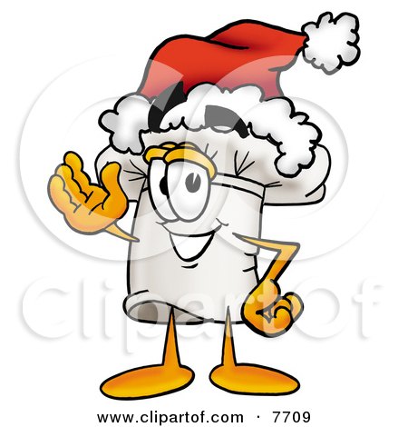 Clipart Picture of a Chefs Hat Mascot Cartoon Character Wearing a Santa Hat and Waving by Mascot Junction