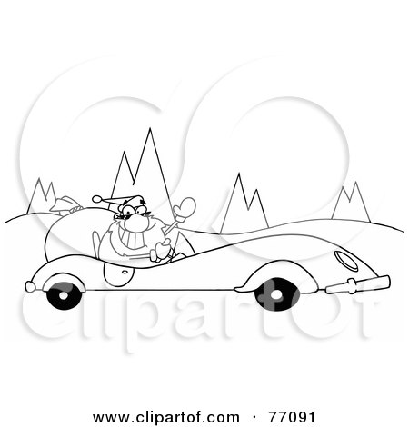 Royalty-Free (RF) Clipart Illustration of a Black And White Coloring Page Outline Of Santa Driving A Convertible by Hit Toon