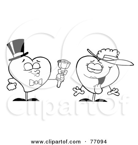 Royalty-Free (RF) Clipart Illustration of a Black And White Coloring Page Outline Of A Male Heart Giving His Girl A Rose by Hit Toon