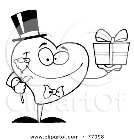 Royalty-Free (RF) Clipart Illustration of a Black And White Coloring Page Outline Of A Heart Giving A Present And Flower by Hit Toon