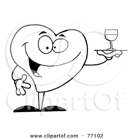 Royalty-Free (RF) Clipart Illustration of a Black And White Coloring Page Outline Of A Heart Serving Wine by Hit Toon