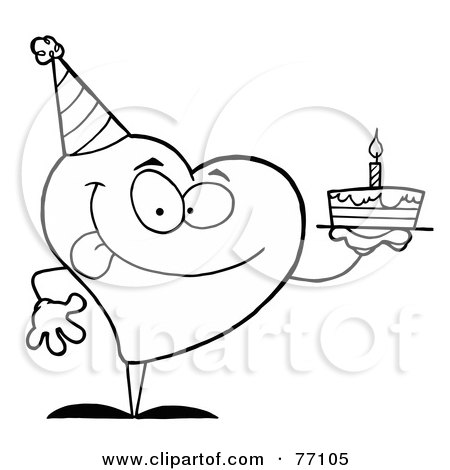 Royalty-Free (RF) Clipart Illustration of a Black And White Coloring Page Outline Of A Heart Holding A Cake by Hit Toon