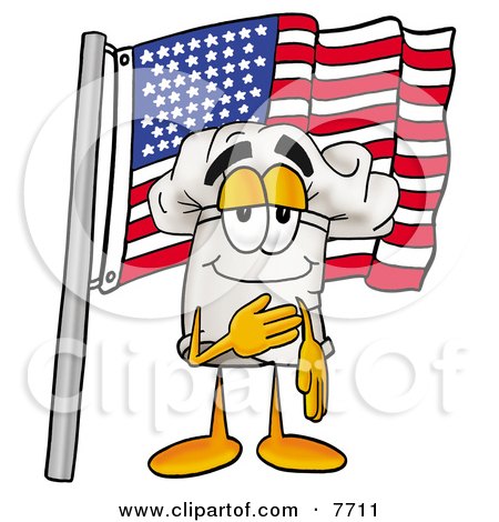 Clipart Picture of a Chefs Hat Mascot Cartoon Character Pledging Allegiance to an American Flag by Mascot Junction