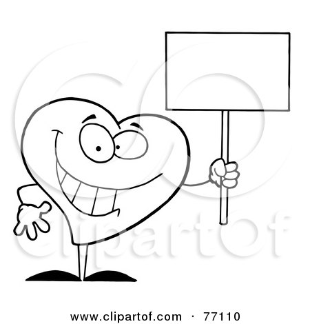Royalty-Free (RF) Clipart Illustration of a Black And White Coloring Page Outline Of A Heart Holding A Sign by Hit Toon