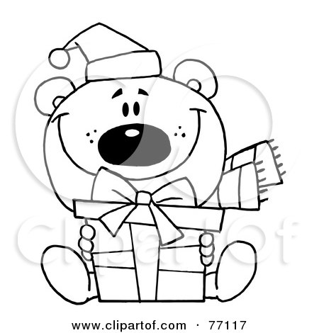 Royalty-Free (RF) Clipart Illustration of a Black And White Coloring Page Outline Of A Bear Holding A Gift by Hit Toon