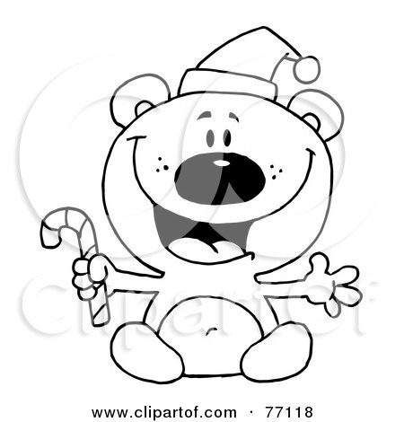 Royalty-Free (RF) Clipart Illustration of a Black And White Coloring Page Outline Of A Bear Holding A Candy Cane by Hit Toon