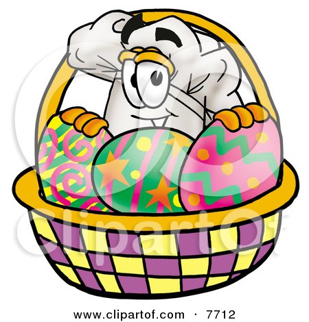 Clipart Picture of a Chefs Hat Mascot Cartoon Character in an Easter Basket Full of Decorated Easter Eggs by Mascot Junction