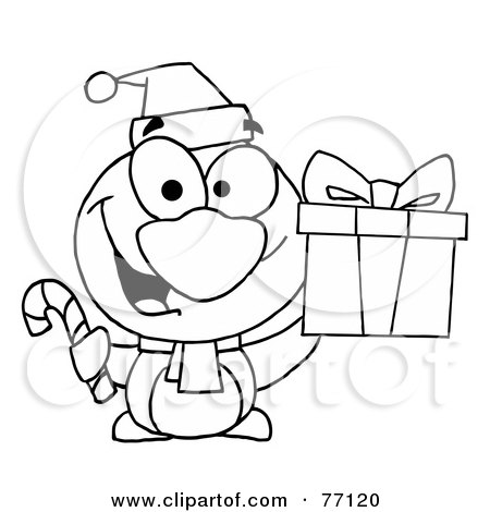 Royalty-Free (RF) Clipart Illustration of a Black And White Coloring Page Outline Of A Penguin Holding A Gift And Candy Cane by Hit Toon