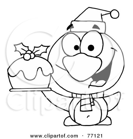 Royalty-Free (RF) Clipart Illustration of a Black And White Coloring Page Outline Of A Penguin Holding Christmas Pudding by Hit Toon