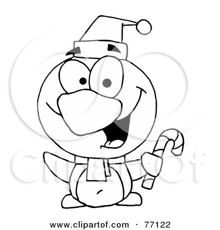 Royalty-Free (RF) Clipart Illustration of a Black And White Coloring Page Outline Of A Penguin Holding A Candy Cane by Hit Toon