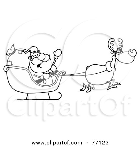 Royalty-Free (RF) Clipart Illustration of a Black And White Coloring Page Outline Of A Reindeer Flying Santa's Sleigh by Hit Toon