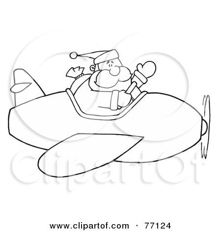 Royalty-Free (RF) Clipart Illustration of a Black And White Coloring Page Outline Of Santa Flying A Plane by Hit Toon