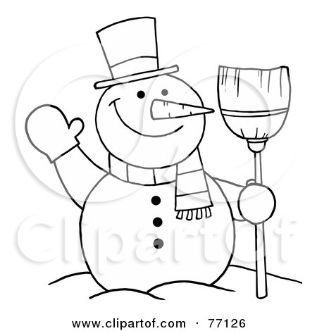 Royalty-Free (RF) Clipart Illustration of a Black And White Coloring Page Outline Of A Snowman With A Broom by Hit Toon