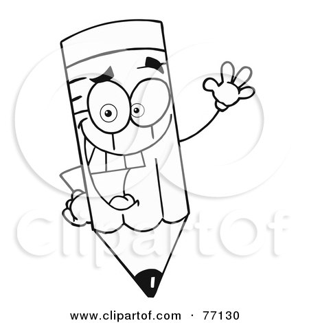 Royalty-Free (RF) Clipart Illustration of a Black And White Coloring Page Outline Of A Waving Pencil by Hit Toon