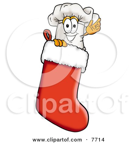 Clipart Picture of a Chefs Hat Mascot Cartoon Character Inside a Red Christmas Stocking by Mascot Junction
