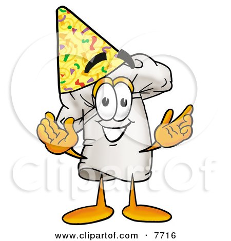 Clipart Picture of a Chefs Hat Mascot Cartoon Character Wearing a Birthday Party Hat by Mascot Junction