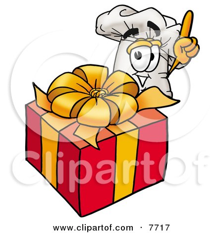 Clipart Picture of a Chefs Hat Mascot Cartoon Character Standing by a Christmas Present by Mascot Junction