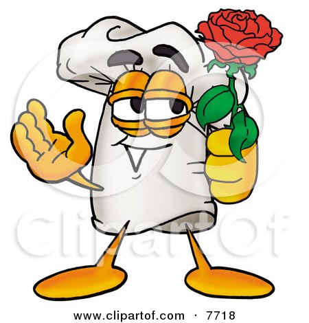 Clipart Picture of a Chefs Hat Mascot Cartoon Character Holding a Red Rose on Valentines Day by Mascot Junction